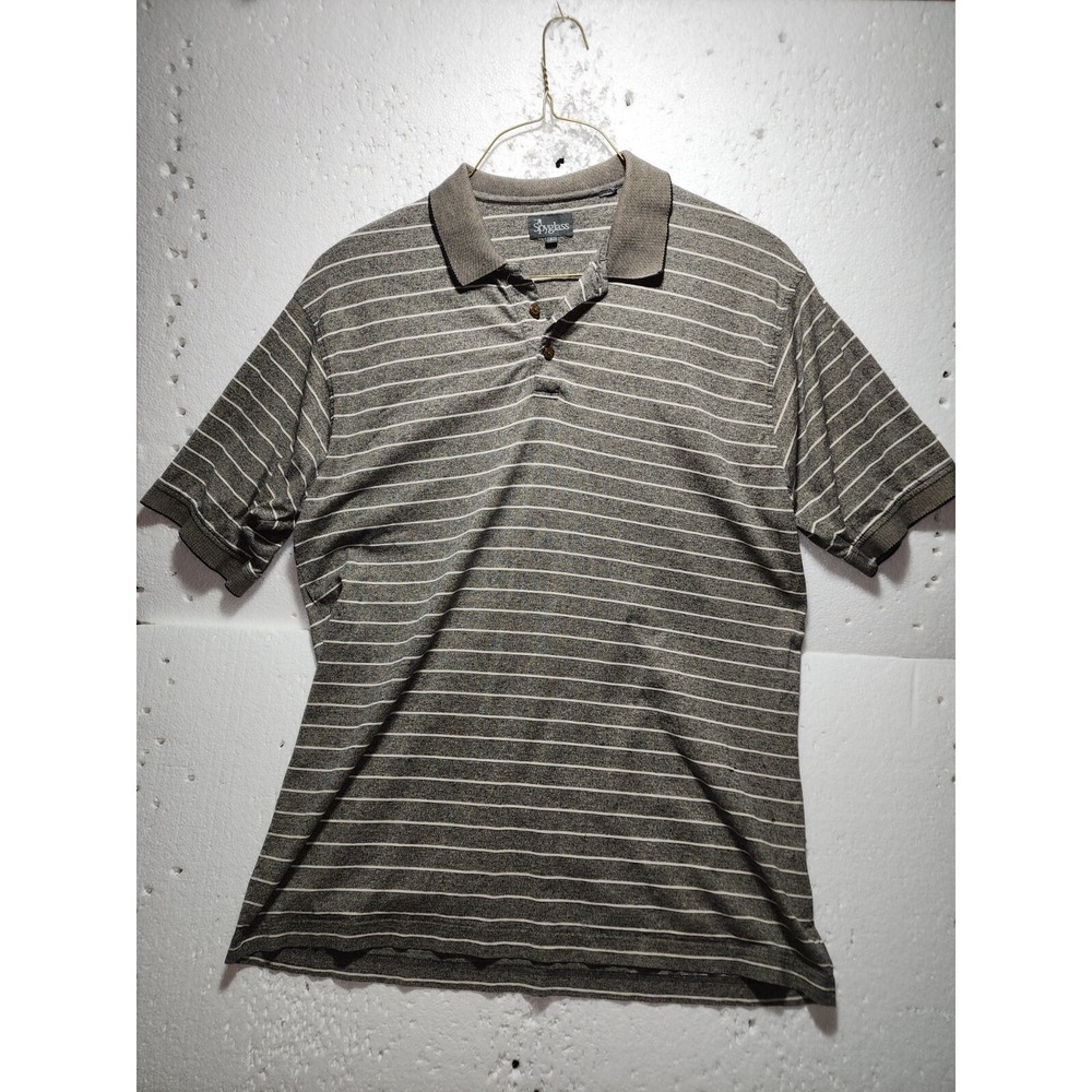 Spyglass Shirt Mens Large Gray White Striped Polo Collared Short Sleeve Buttons